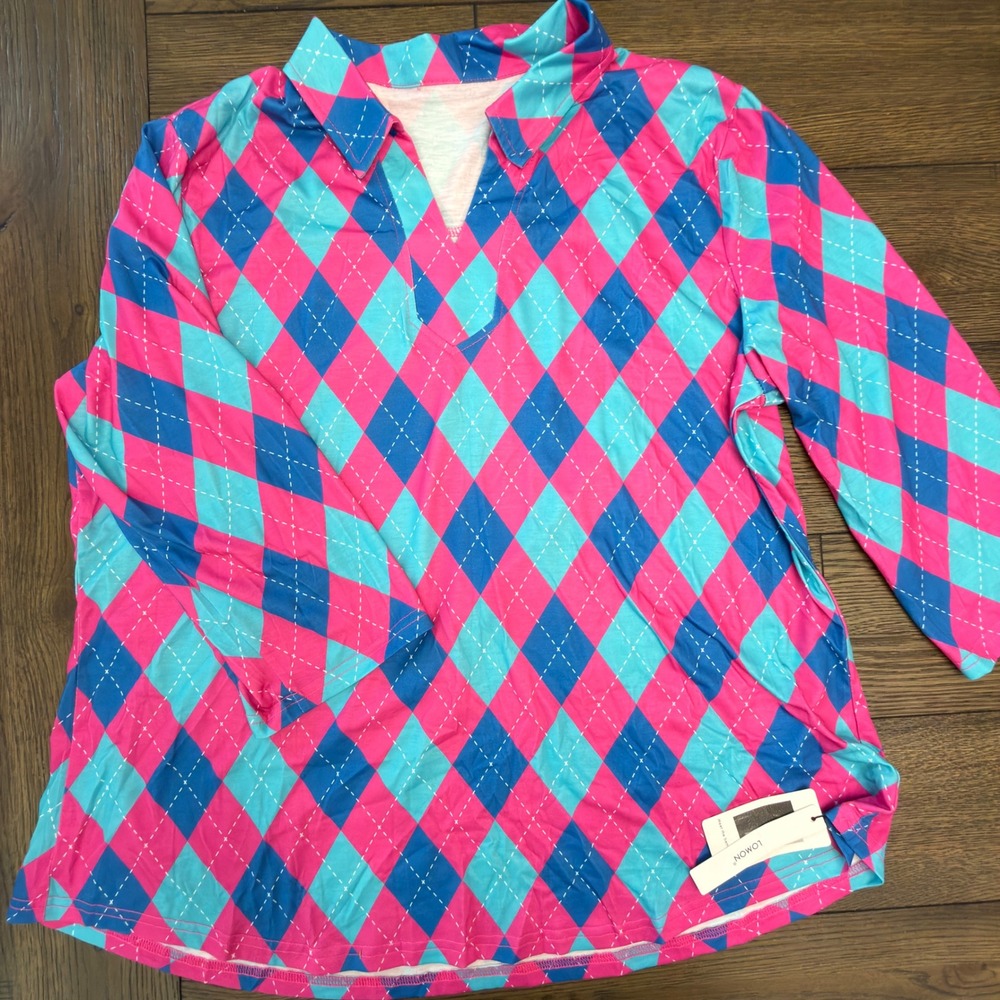 LOMON Womens Argyle V-Neck Tunic Top Pink Blue Long Sleeve‎ XXL New
